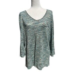 Brown Beaded, Blue, Silver Foil Woven Lightweight Sweater 3/4‎ Sleeve Women 2X